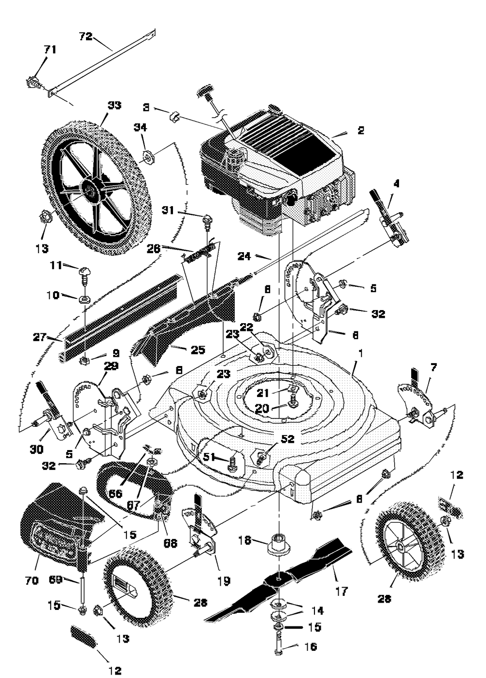 Mower Housing Assembly Diagram and Parts List for 20506X92A 1997 Briggs and Stratton Lawn Mower